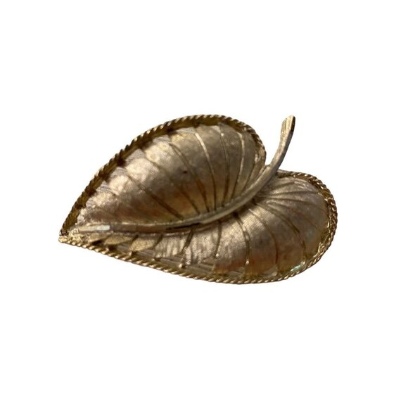Signed BSK Goldtone Brooch Brushed Leaf Textured 2.1" Pin - Picture 3 of 16